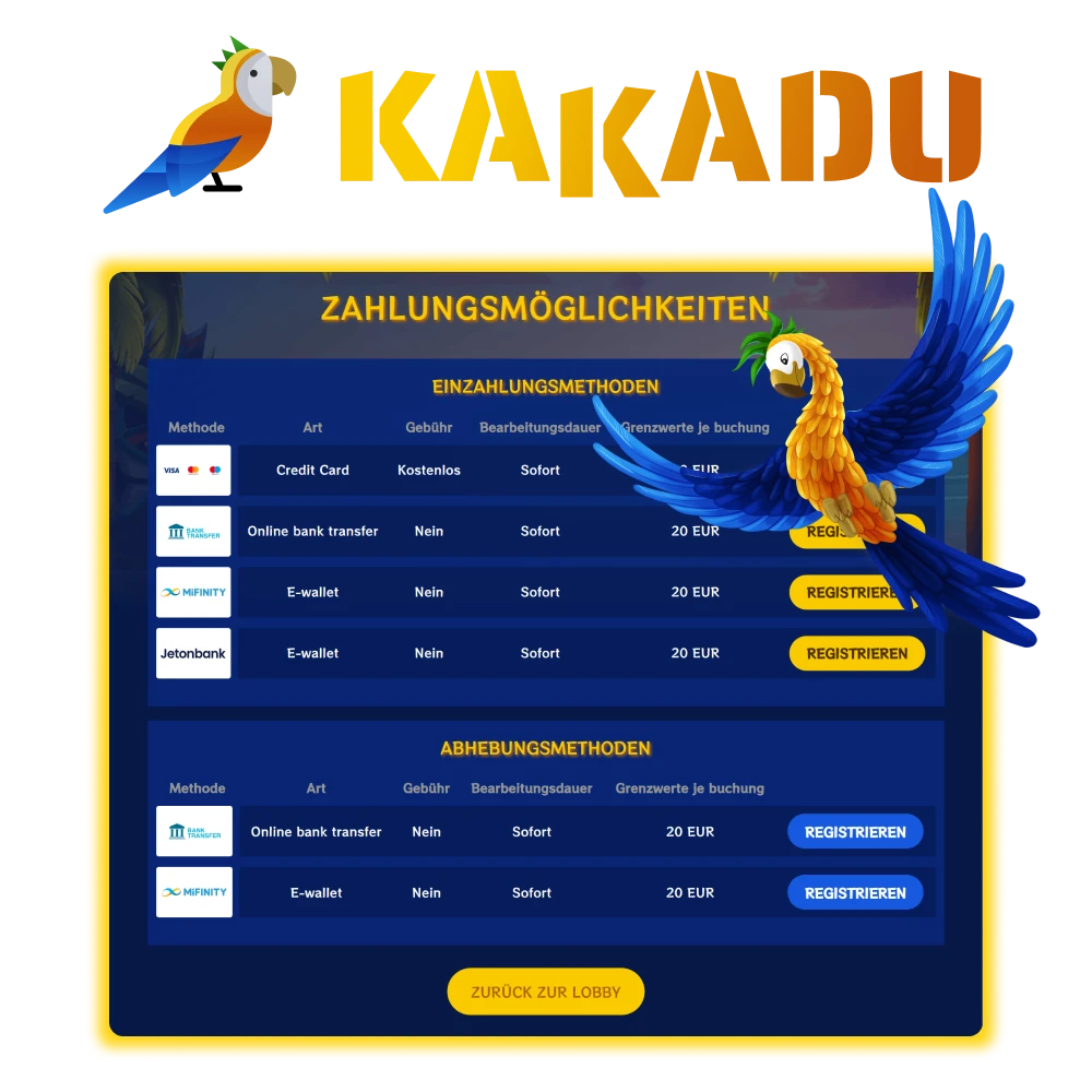 Schnelle Einzahlungen und Auszahlungen im Online-Casino Kakadu.