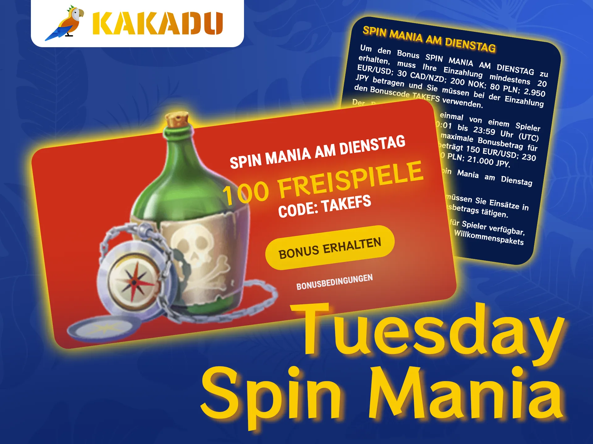 Erhalten Sie 100 Freispiele am Dienstag mit dem Tuesday Spin Mania Bonus im Kakadu.