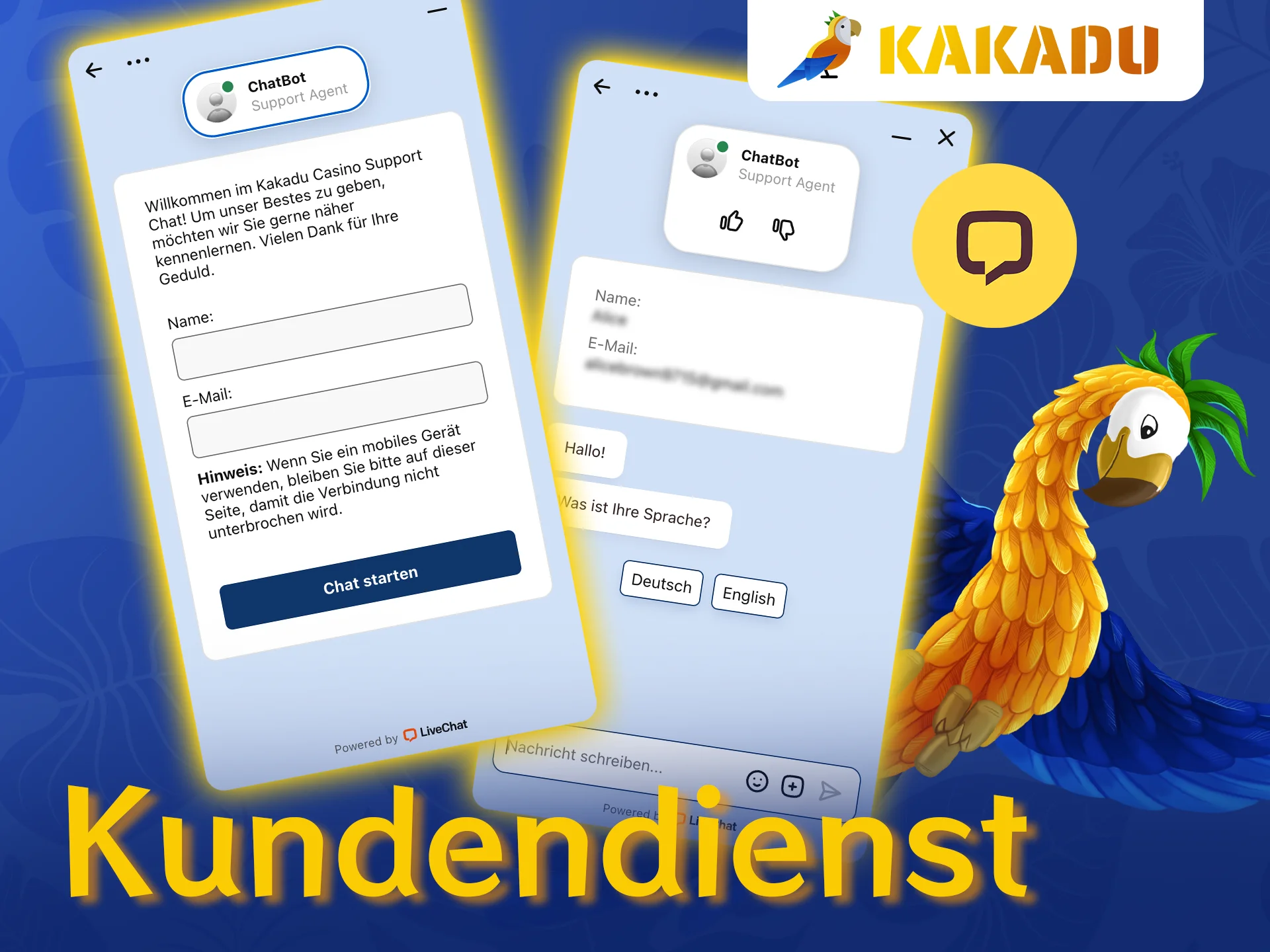 Erfahren Sie, wie Sie den Kundendienst von Kakadu Casino bei Fragen kontaktieren können.